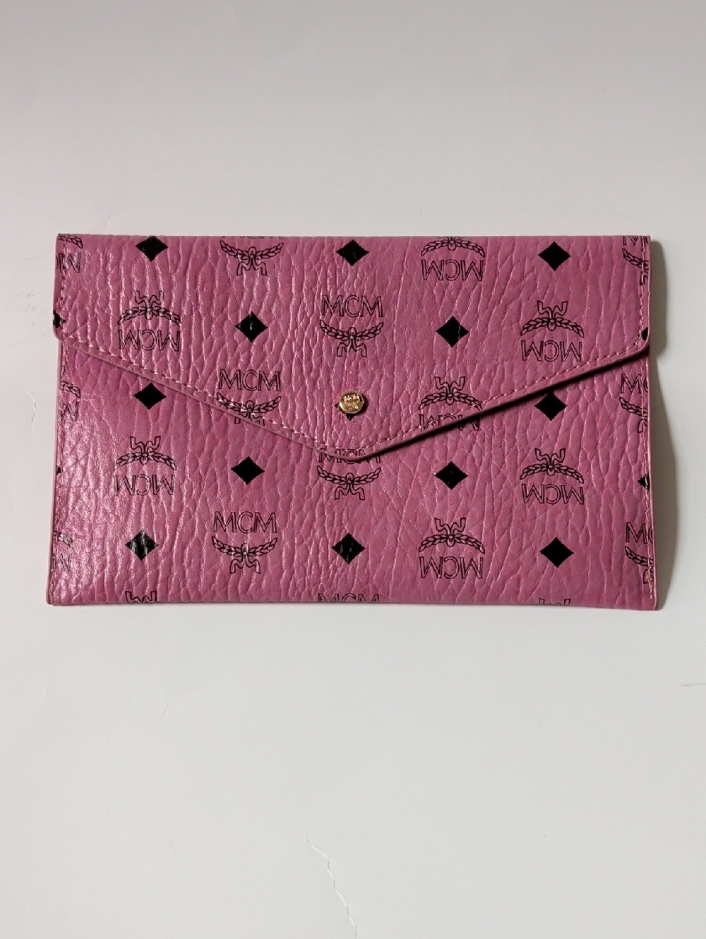 Fashion 'MCM' Pink Logo Envelope Wallet Clutch with Gold Chain Strap